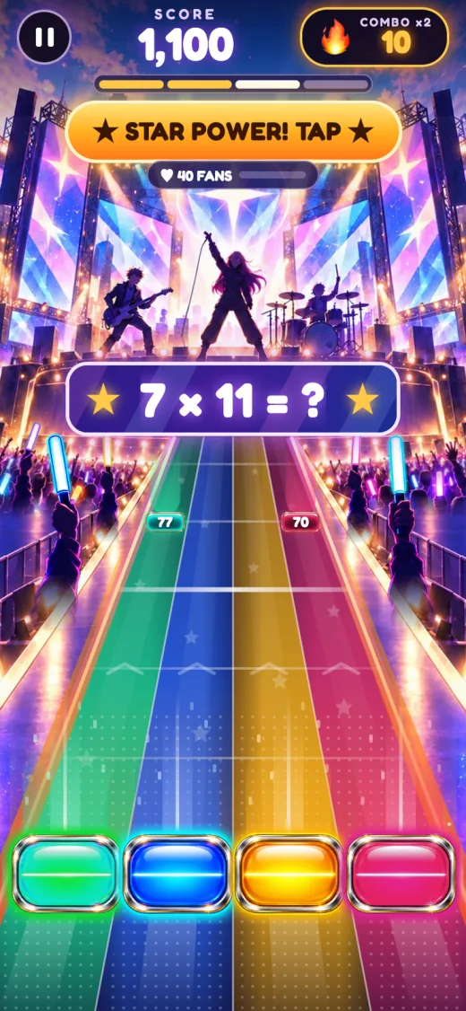 Fact Riff: a neon concert stage with “7 × 11 = ?” over four coloured note lanes